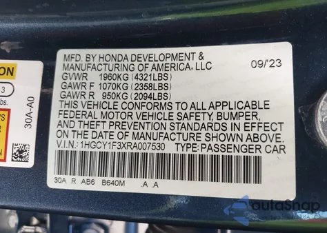 2024 Honda Accord Ex из США, поврежденный, VIN 1HGCY1F3XRA007530